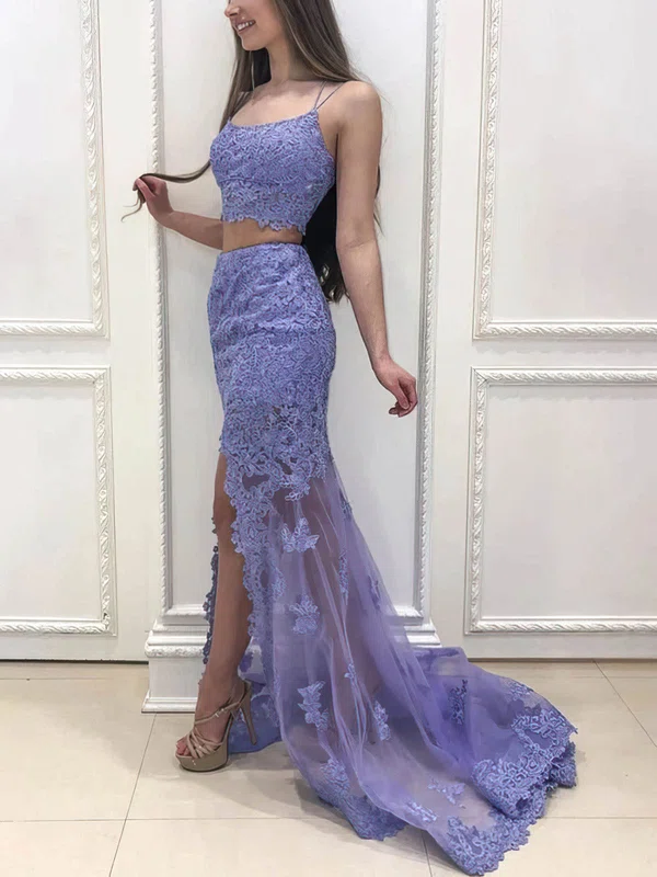 Trumpet/Mermaid Square Neckline Lace Tulle Sweep Train Split Front Prom Dresses #UKM020108288