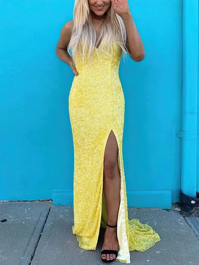 Sheath/Column V-neck Sequined Sweep Train Split Front Prom Dresses #UKM020108289