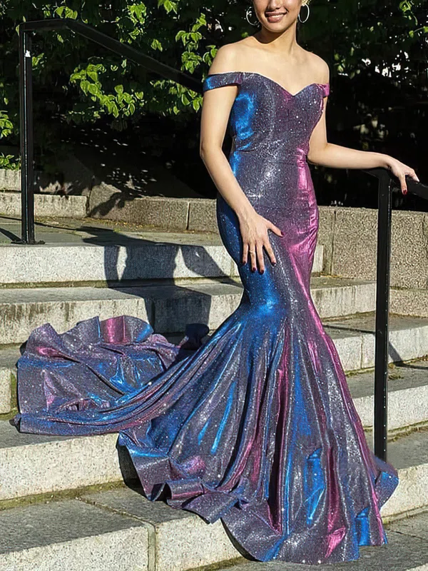 Trumpet/Mermaid Off-the-shoulder Glitter Sweep Train Prom Dresses #UKM020108295