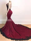 Trumpet/Mermaid Halter Jersey Sweep Train Appliques Lace Prom Dresses #UKM020108296