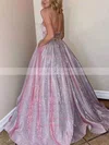 A-line Strapless Glitter Sweep Train Pockets Prom Dresses #UKM020108297