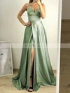 A-line V-neck Silk-like Satin Sweep Train Split Front Prom Dresses #UKM020108299