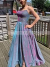 A-line Strapless Glitter Sweep Train Split Front Prom Dresses #UKM020108301