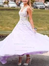 A-line V-neck Lace Tulle Sweep Train Appliques Lace Prom Dresses #UKM020108305