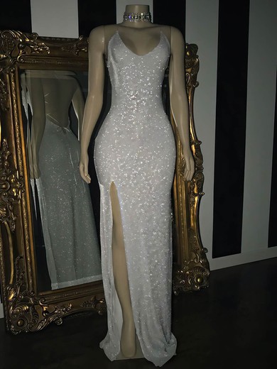 Sheath/Column Floor-length V-neck Sequined Split Front Prom Dresses #UKM020108311