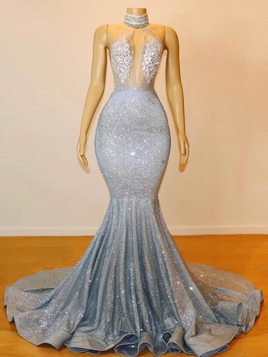 Trumpet/Mermaid Halter Sequined Sweep Train Appliques Lace Prom Dresses #UKM020108314