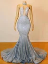Trumpet/Mermaid Halter Sequined Sweep Train Appliques Lace Prom Dresses #UKM020108314
