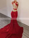 Trumpet/Mermaid V-neck Stretch Crepe Court Train Appliques Lace Prom Dresses #UKM020108336