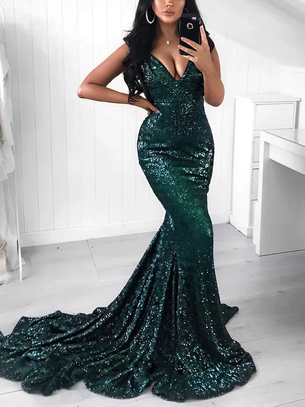 Trumpet/Mermaid Sweep Train V-neck Sequined Sexy Prom Dresses #UKM020108354