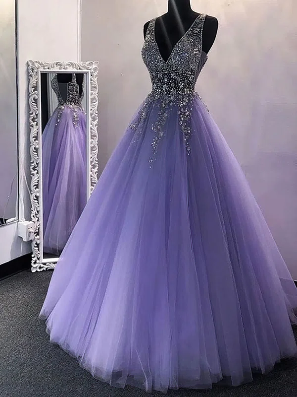 Ball Gown V-neck Tulle Floor-length Beading Prom Dresses #UKM020108356