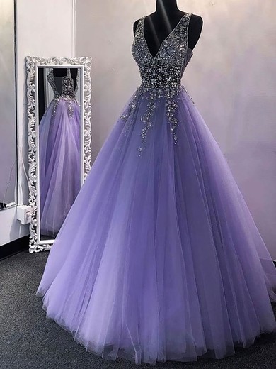 Ball Gown V-neck Tulle Sweep Train Beading Prom Dresses #UKM020108356