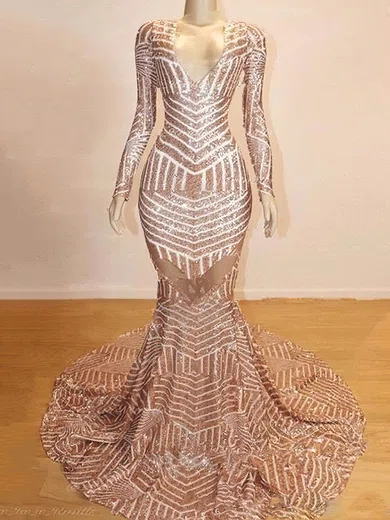Mermaid V-neck Backless Sparkly Sequin Prom Dresses With Long Sleeves #UKM020108367