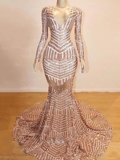 Trumpet/Mermaid V-neck Glitter Sweep Train Prom Dresses #UKM020108367