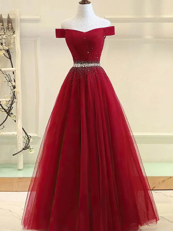 Ball Gown Off-the-shoulder Tulle Sweep Train Beading Prom Dresses #UKM020108371