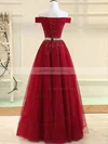 Ball Gown Off-the-shoulder Tulle Sweep Train Beading Prom Dresses #UKM020108371