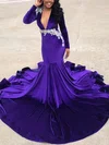 Trumpet/Mermaid V-neck Velvet Sweep Train Appliques Lace Prom Dresses #UKM020108373