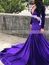 Trumpet/Mermaid V-neck Velvet Sweep Train Appliques Lace Prom Dresses #UKM020108373