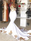 Trumpet/Mermaid Halter Stretch Crepe Sweep Train Appliques Lace Prom Dresses #UKM020108374