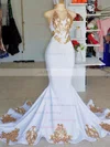 Trumpet/Mermaid Halter Stretch Crepe Sweep Train Appliques Lace Prom Dresses #UKM020108374