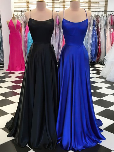 A-line Scoop Neck Silk-like Satin Sweep Train Prom Dresses #UKM020108384