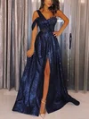 A-line One Shoulder Glitter Sweep Train Appliques Lace Prom Dresses #UKM020108385