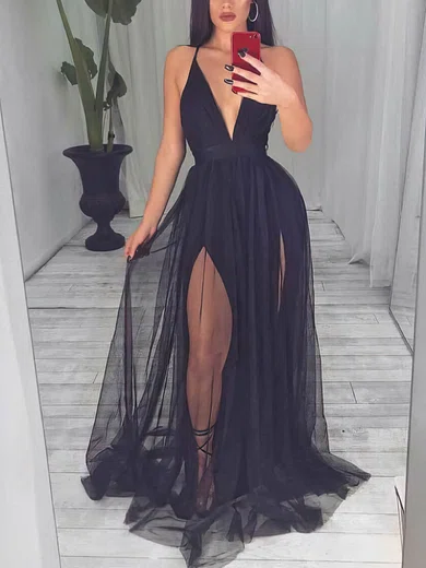 A-line Floor-length V-neck Tulle Split Front Prom Dresses #UKM020108388