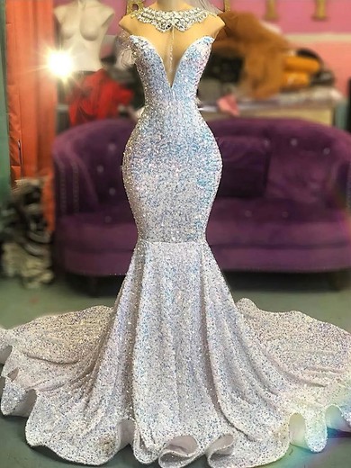 Trumpet/Mermaid Scoop Neck Sequined Sweep Train Prom Dresses #UKM020108547