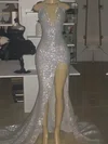 Sheath/Column V-neck Glitter Sweep Train Split Front Prom Dresses #UKM020108550