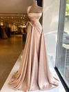 A-line One Shoulder Silk-like Satin Sweep Train Beading Prom Dresses #UKM020108551