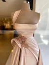 A-line One Shoulder Silk-like Satin Sweep Train Beading Prom Dresses #UKM020108551