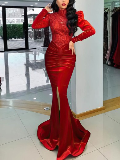 Trumpet/Mermaid High Neck Velvet Sweep Train Lace Prom Dresses #UKM020108554