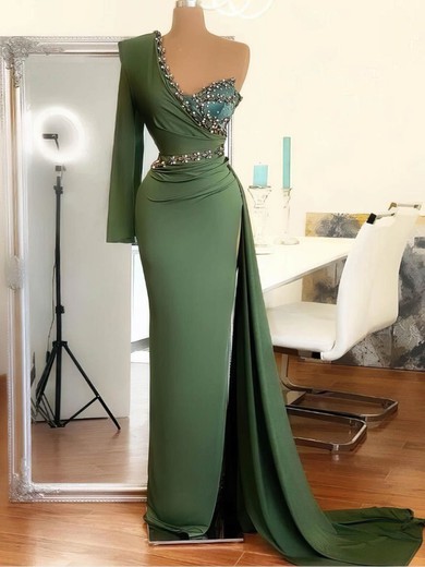 Sheath/Column Ruched Jersey One Shoulder Prom Dresses With Beading #UKM020108558