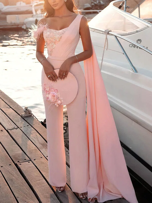 Sheath/Column One Shoulder Stretch Crepe Ankle-length Sequins Prom Dresses #UKM020108560