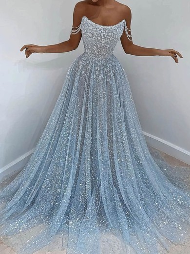 Ball Gown/Princess Sweep Train Off-the-shoulder Glitter Beading Prom Dresses #UKM020108561