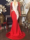 Trumpet/Mermaid V-neck Jersey Tulle Sweep Train Appliques Lace Prom Dresses #UKM020108565