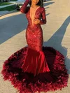 Trumpet/Mermaid Scoop Neck Sequined Velvet Sweep Train Feathers / Fur Prom Dresses #UKM020108566