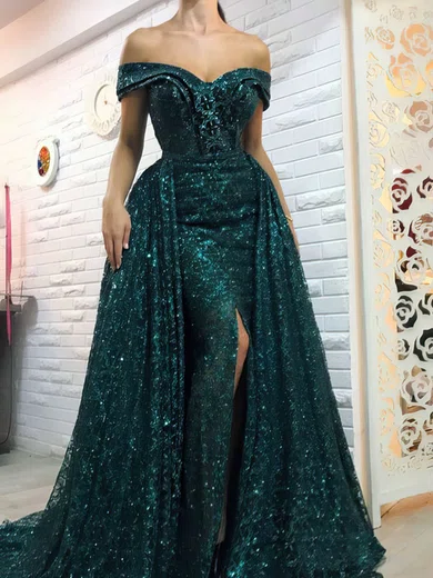 A-line Off-the-shoulder Sequined Sweep Train Split Front Prom Dresses #UKM020108568