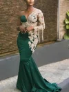 Trumpet/Mermaid Scoop Neck Silk-like Satin Sweep Train Beading Prom Dresses #UKM020108570