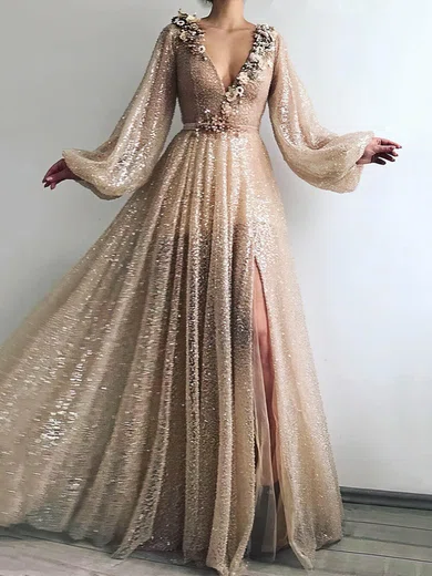 A-line V-neck Sparkly Sequin Prom Dresses With Puff Sleeve #UKM020108572