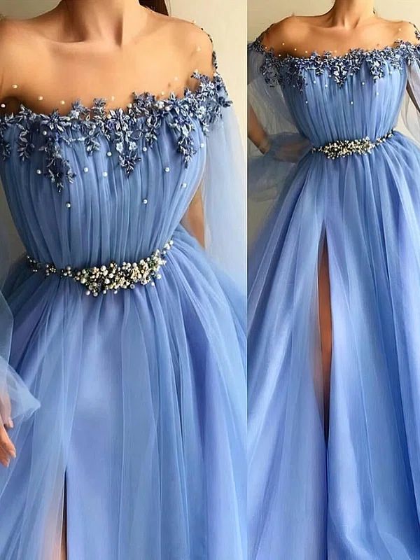 Ball Gown Illusion Tulle Sweep Train Beading Prom Dresses #UKM020108574