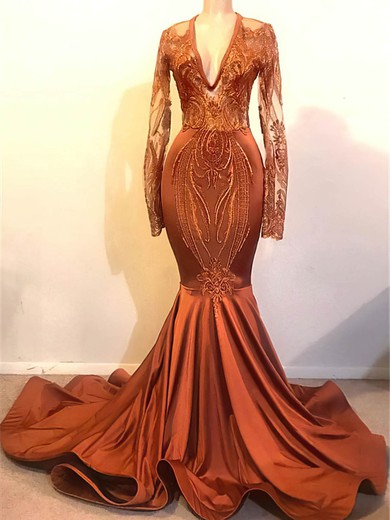 Trumpet/Mermaid V-neck Lace Silk-like Satin Sweep Train Appliques Lace Prom Dresses #UKM020108577