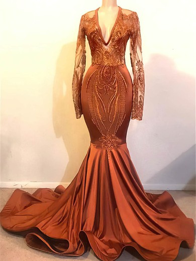 Trumpet/Mermaid V-neck Lace Silk-like Satin Sweep Train Appliques Lace Prom Dresses #UKM020108577