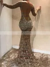 Trumpet/Mermaid Scoop Neck Lace Sweep Train Beading Prom Dresses #UKM020108581