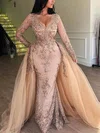 Trumpet/Mermaid V-neck Lace Detachable Prom Dresses #UKM020108583