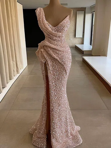 Sheath/Column One Shoulder Sparkly Sequin Prom Dresses With Ruched #UKM020108590