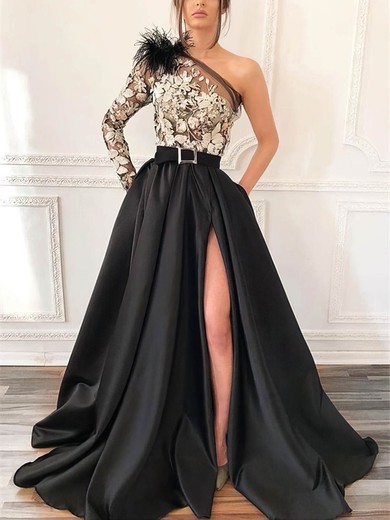 A-line One Shoulder Tulle Silk-like Satin Sweep Train Appliques Lace Prom Dresses #UKM020108592