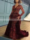Trumpet/Mermaid V-neck Tulle Silk-like Satin Detachable Appliques Lace Prom Dresses #UKM020108593