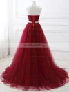 A-line Strapless Tulle Sweep Train Sashes / Ribbons Prom Dresses #UKM020108594