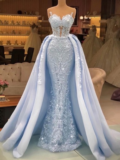 Trumpet/Mermaid Scoop Neck Lace Satin Detachable Beading Prom Dresses #UKM020108595