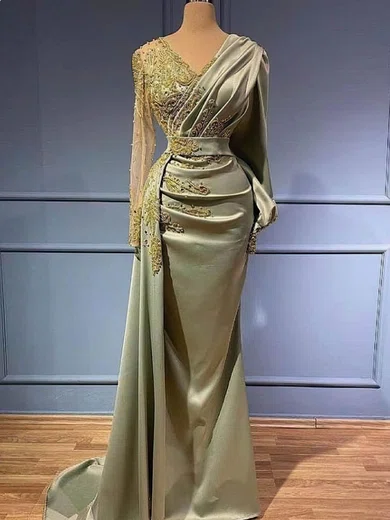 Sheath/Column V-neck Long Sleeves Satin Prom Dresses With Beading #UKM020108596